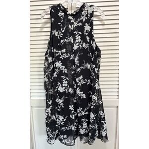 Robbie Bee Chiffon Blk/Cream Floral‎ Midi Dress Size 14 Lined Tie Back Neck